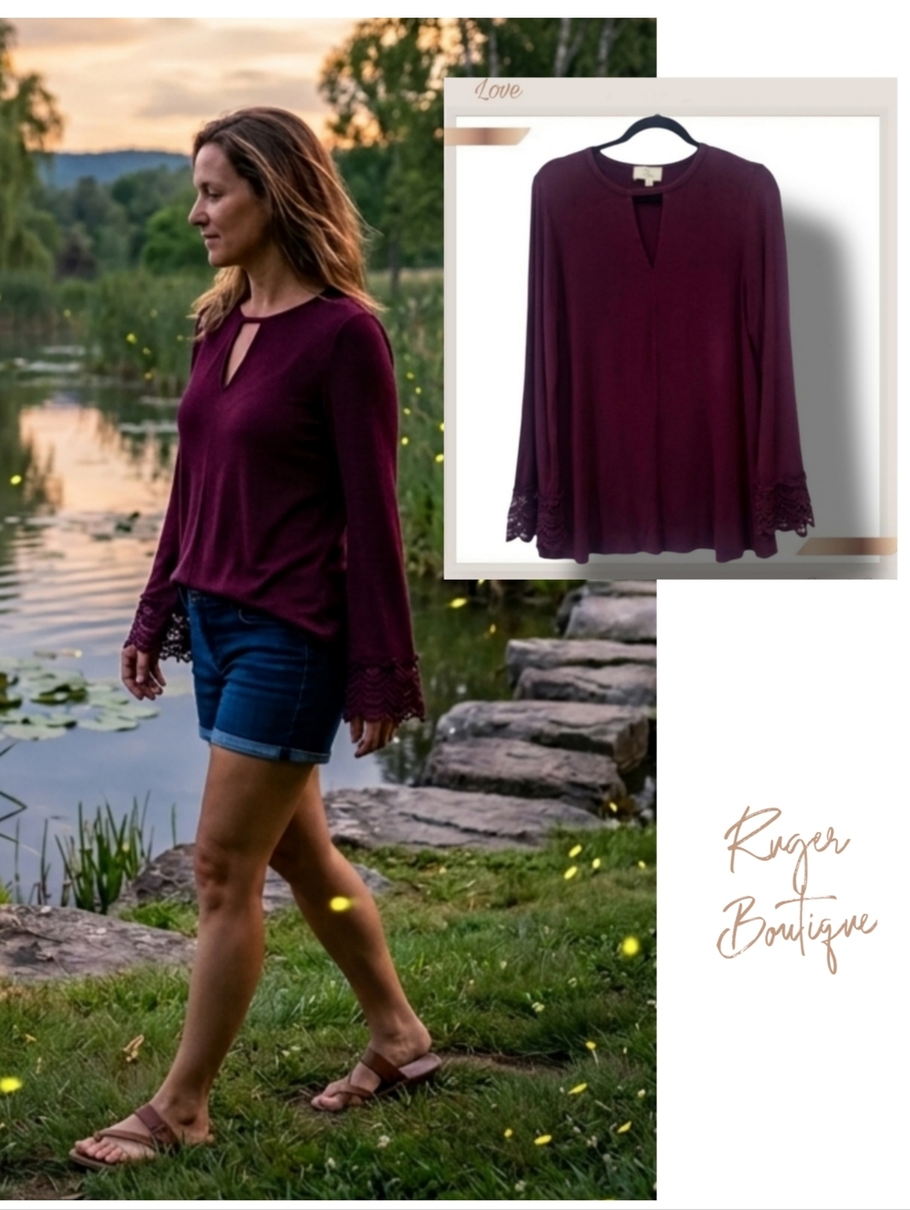 🌿Love Women's Plum Purple Small Bell Lace Longleeve Blouse